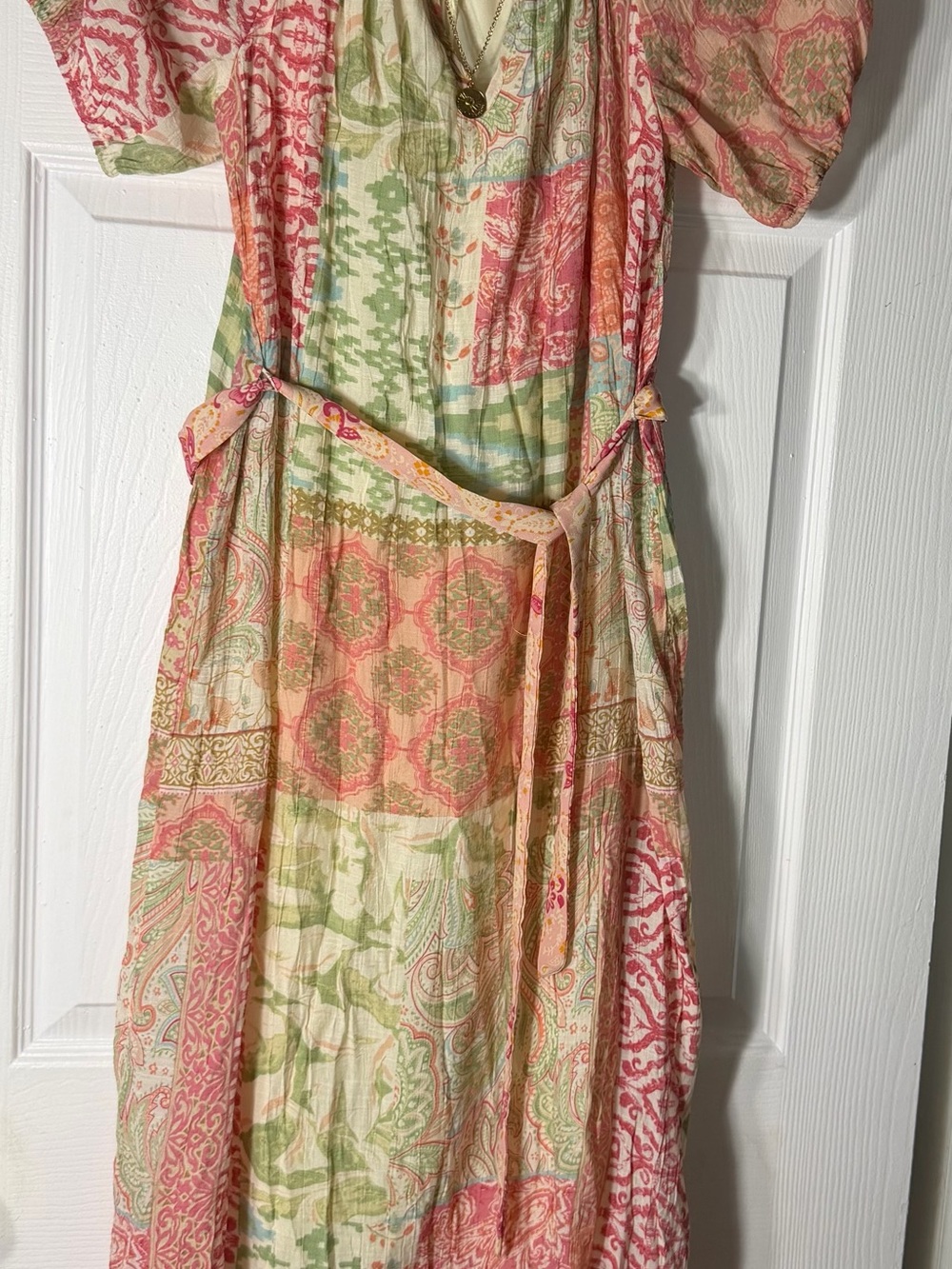 Mlle Gabrielle Floral Patchwork Dress in Coral, Sage & Cream with Gold Accent